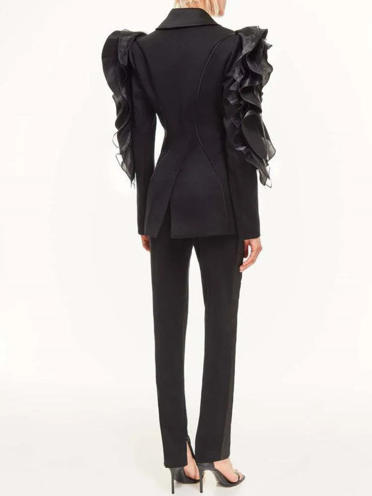 Women's Black Patchwork Cardigan - Tiered Ruffles Long Sleeve